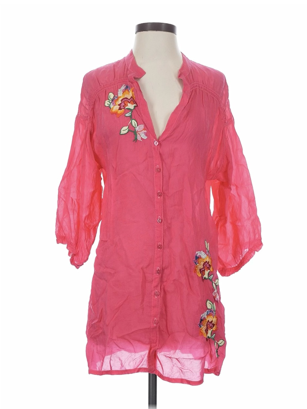 Johnny Was Pink Embroidered Button-Front Tunic